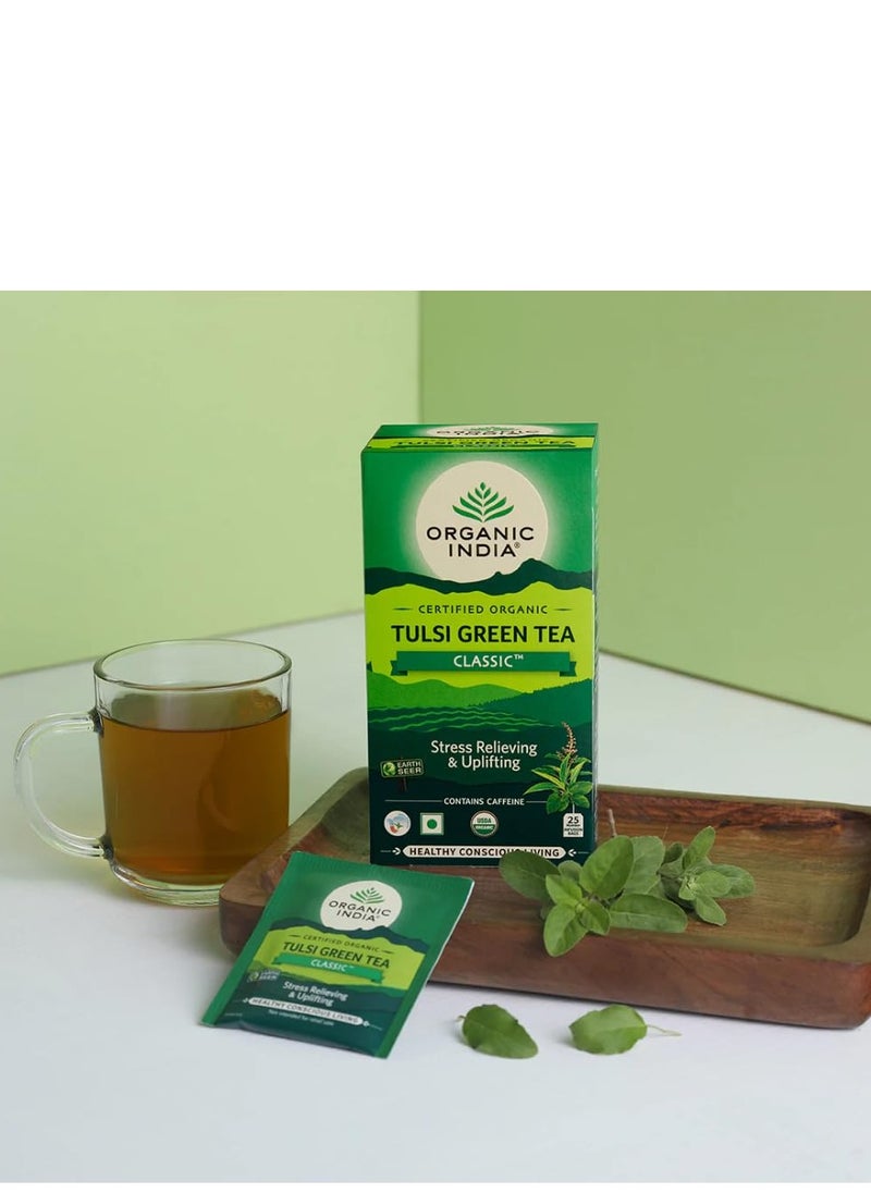 ORGANIC INDIA Tulsi Green Tea Classic|25 Tea Bags, (1.74*25 ),Pack Of 1, 10 Gram