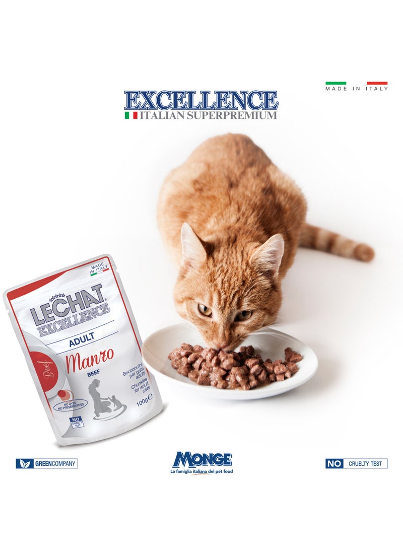 Lechat Excellence by Monge | Cat Wet Food | Chunkies in Pouch | Super Premium Complementary Wet Cat Food | Multipack Beef & Salmon - 12x100g