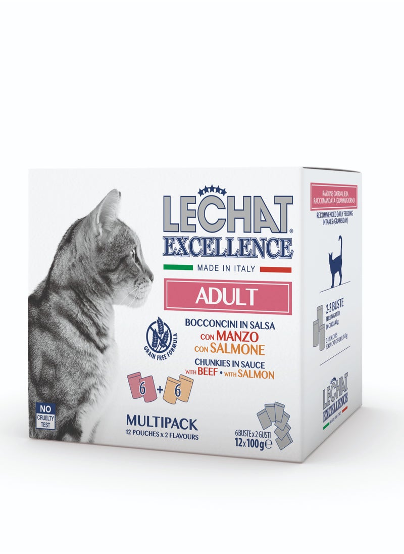 Lechat Excellence by Monge | Cat Wet Food | Chunkies in Pouch | Super Premium Complementary Wet Cat Food | Multipack Beef & Salmon - 12x100g