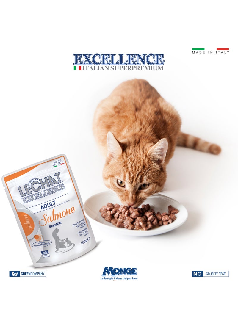 Lechat Excellence by Monge | Cat Wet Food | Chunkies in Pouch | Super Premium Complementary Wet Cat Food | Multipack Beef & Salmon - 12x100g