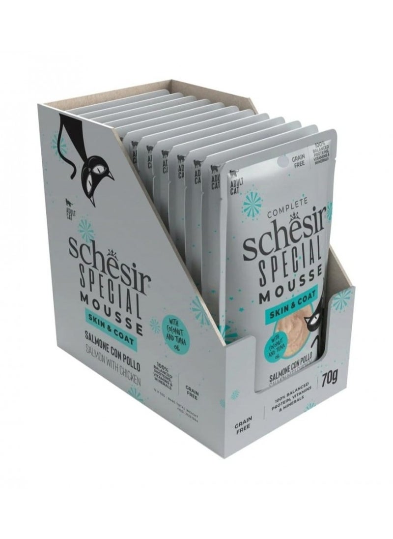 Schesir, Special Mousse - Skin & Coat - For Cat - Salmon With Chicken Flavor - 70g x 12Pouch in 1Box