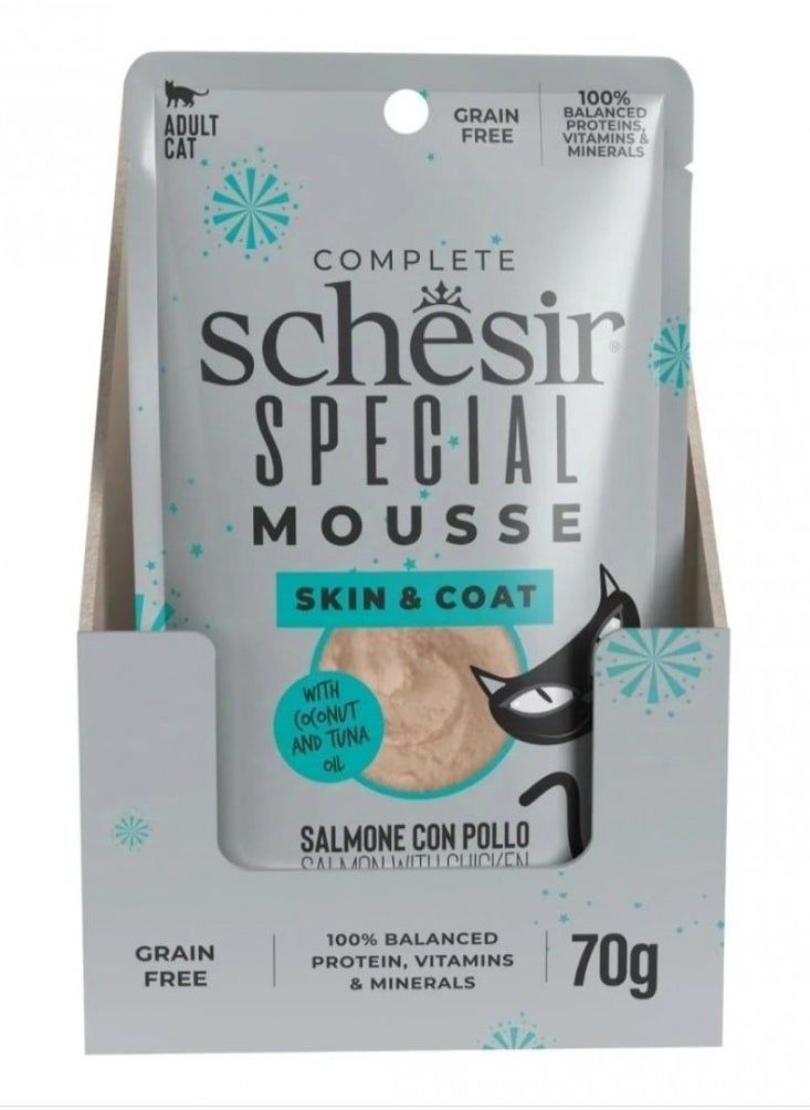 Schesir, Special Mousse - Skin & Coat - For Cat - Salmon With Chicken Flavor - 70g x 12Pouch in 1Box