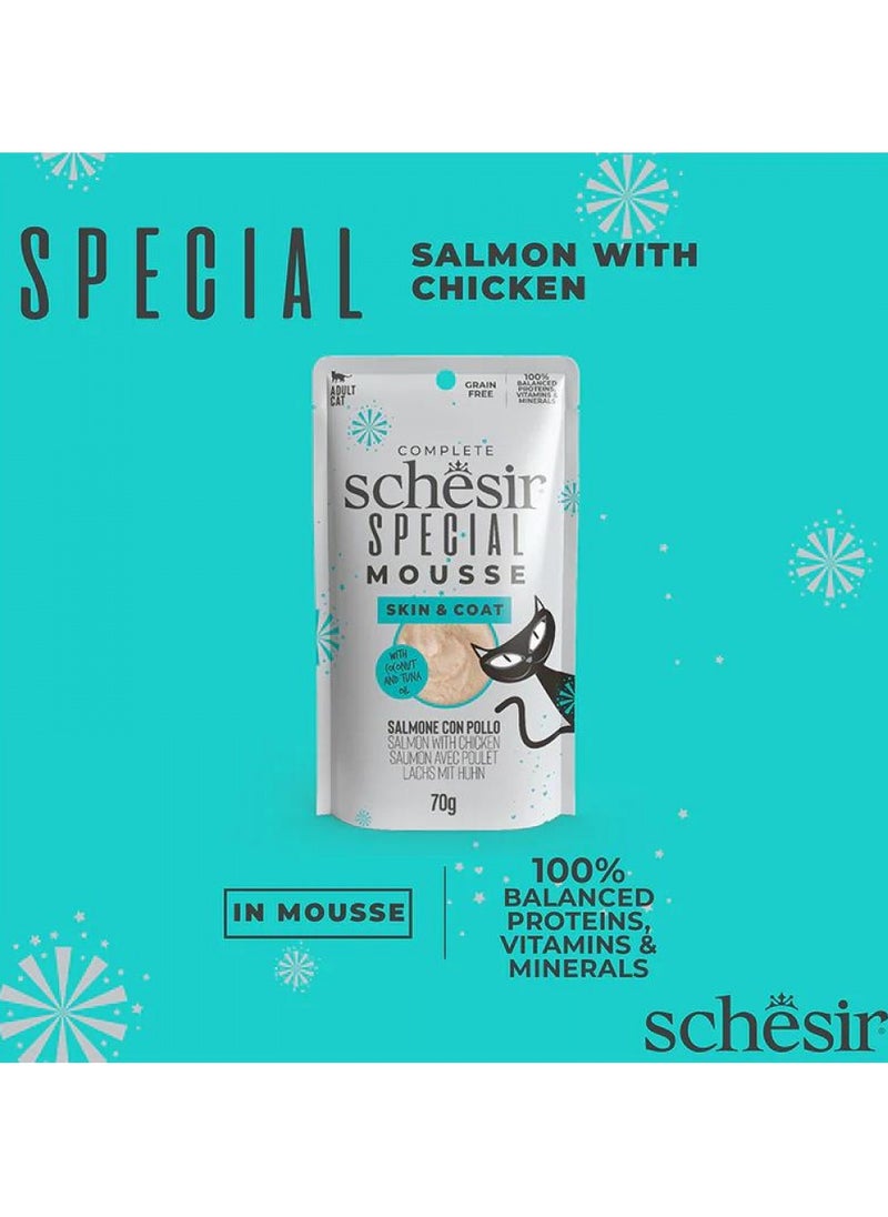 Schesir, Special Mousse - Skin & Coat - For Cat - Salmon With Chicken Flavor - 70g x 12Pouch in 1Box