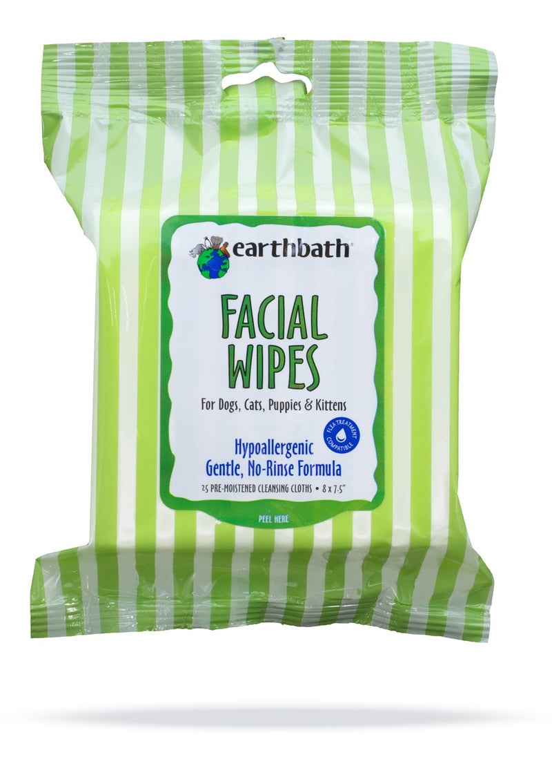 Earthbath Facial Wipes, Hypo-Allergenic Cucumber Melon for Dogs, Cats, Puppies & Kittens, 25 ct re-sealable package