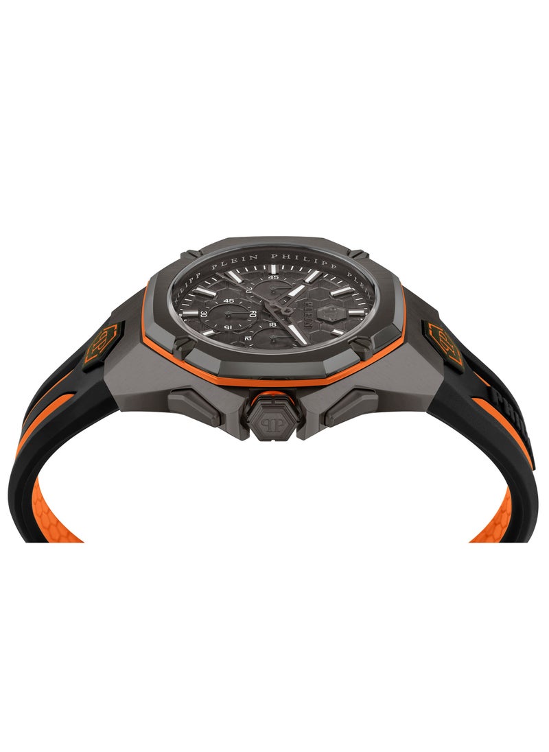 Octagon Gent Watch With Ip Gun Dial & Black Silicone Strap