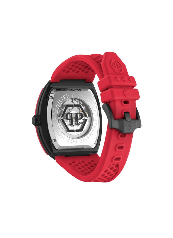 THE $KELETON Philipp Plein Men's Watch, Bold Red Silicone Strap, Exposed Skeleton Dial, Stainless Steel Case, 44x49.5mm, 50m Water Resistant, Automatic Movement