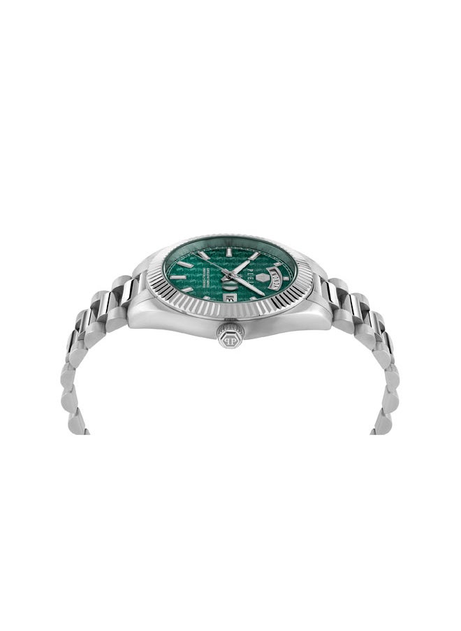 DATE SUPERLATIVE GENT Philipp Plein Men's Watch, Emerald Green Honeycomb Dial, Fluted Bezel, Stainless Steel Bracelet, 42mm Case, 3-Hand Quartz, 50m Water Resistance