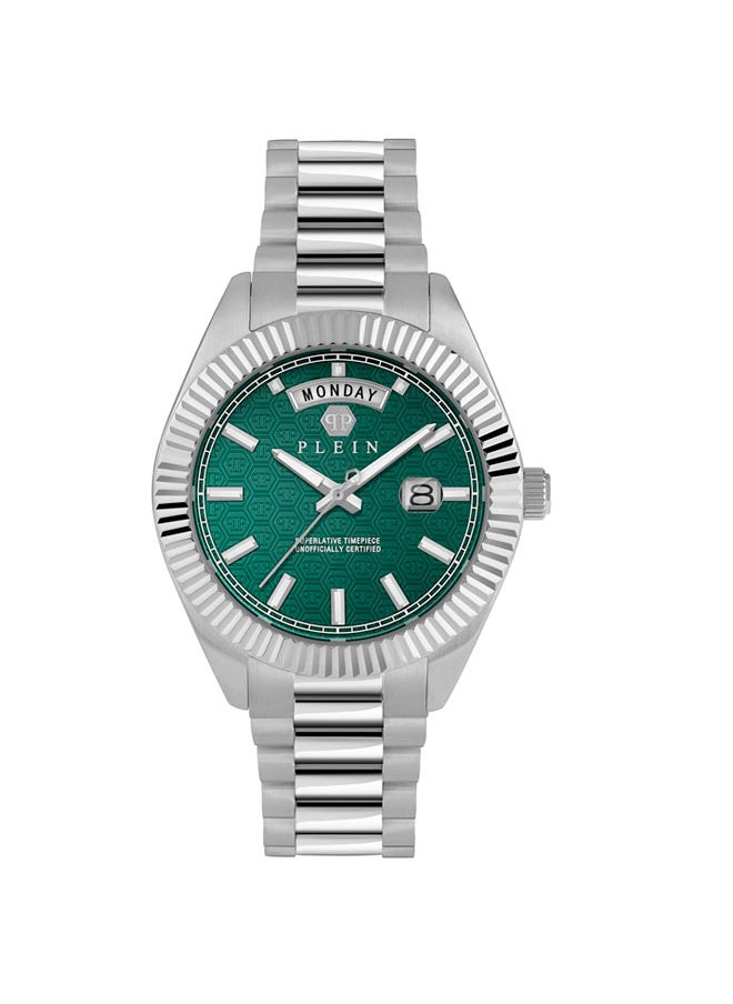 DATE SUPERLATIVE GENT Philipp Plein Men's Watch, Emerald Green Honeycomb Dial, Fluted Bezel, Stainless Steel Bracelet, 42mm Case, 3-Hand Quartz, 50m Water Resistance