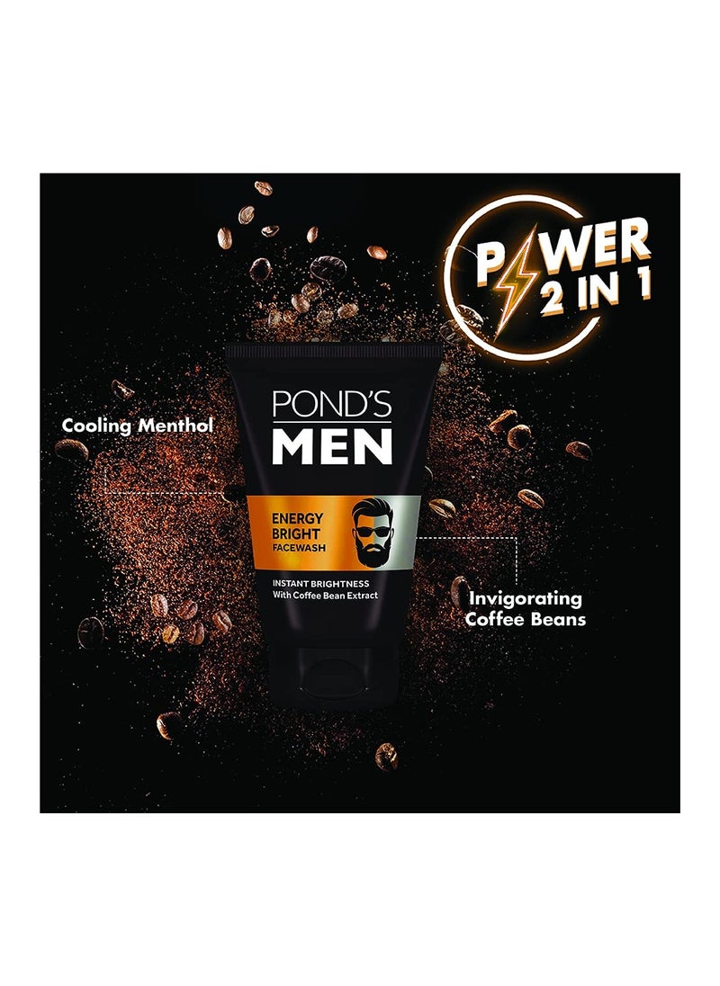 Pond’s Men, Energy Bright Facewash, 100g, for Instant Brightness, with Coffee Bean Extract & Menthol, Anti-Dullness & Brightening Face Wash, Specially Developed for Men