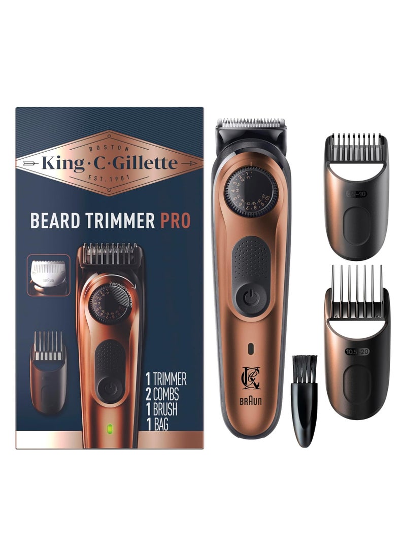 King C.Gillette Beard Trimmer PRO with 40 beard length settings in precise 0.5mm steps, cordless design & 1 trimmer, 1 brush, 2 combs, 1 charger and 1 zip pouch