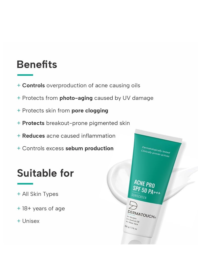 DERMATOUCH Acne Pro SPF 50 PA+++ Sunscreen | Non-acnegenic | UVA-UVB Protection | Zero White Cast | Unisex | 50gm