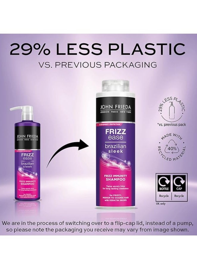 Frizz Ease Brazilian Sleek Frizz Immunity Smoothing Shampoo 500ml Hydrating Shampoo for Frizzy Coarse Hair