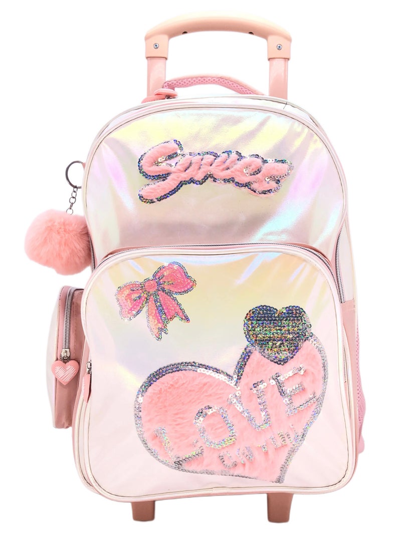 Peach Color Design Rolling Backpack 18 inch Wheeled Kids Backpack with Lunch Bag and Pencil Case for Girls Blue and Boys