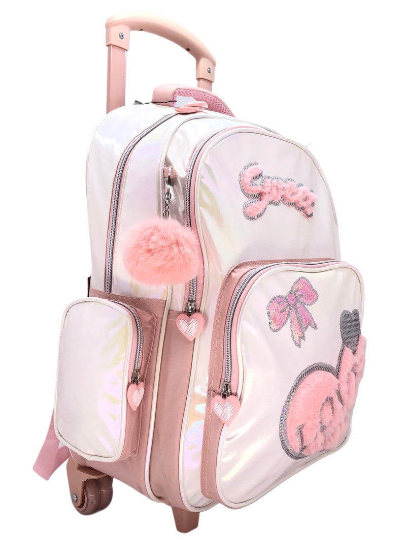 Peach Color Design Rolling Backpack 18 inch Wheeled Kids Backpack with Lunch Bag and Pencil Case for Girls Blue and Boys