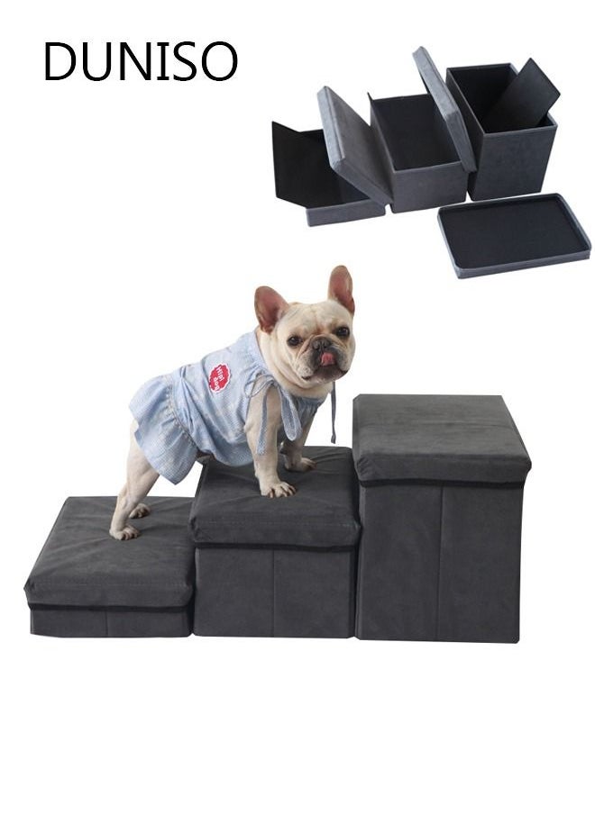 Folding Pet Stairs 3 Steps Foldable Dogs Stair for High beds Pet Storage Stepper Pet Steps for Older Dogs Cats Puppies Injured Dogs Small Dogs (Grey)