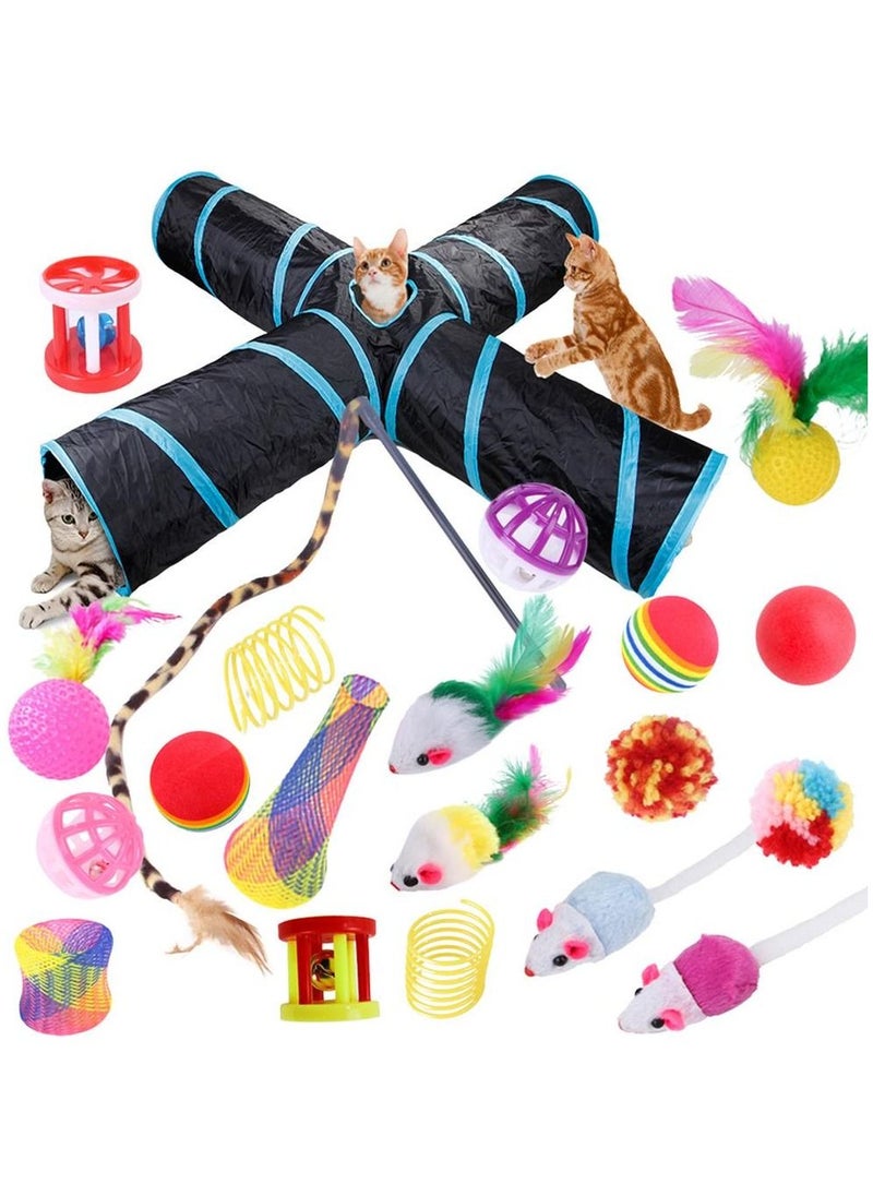 22 PCS Cat Toys Set Assorted Cat Toy Set Assorted Kitten Cat Toys with Cat Tunnel Cat String Mouse Toys Cat Ball Toy Cat Bell Spring Toy sensible