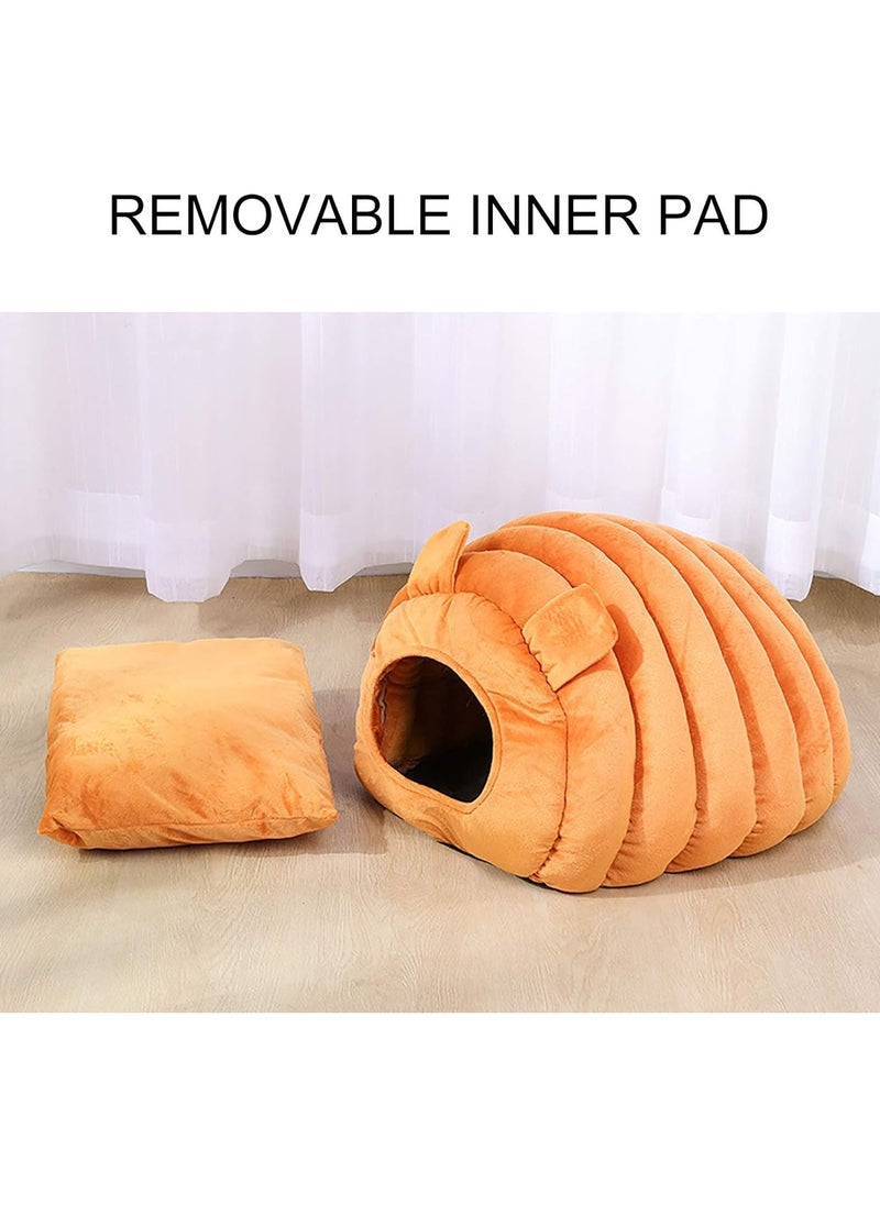 Indoor Warm Igloo Cat House, Caterpillar Shape Semi-enclosed Comfortable Soft Non-slip Orange Three-dimensional Cat House Removable Washable Inner Cushion Cat Bed