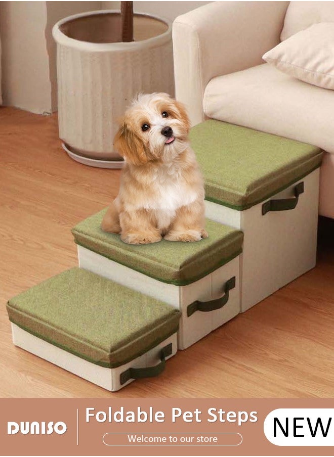 3-Step Foldable Pet Steps with Handle, 2-in-1 Soft Flannel Dog Stairs with Storage, Non-Slip Cat Steps with High-Elastic and Breathable Material Sponge for Puppy Kitten Climbing High Bed and Couch