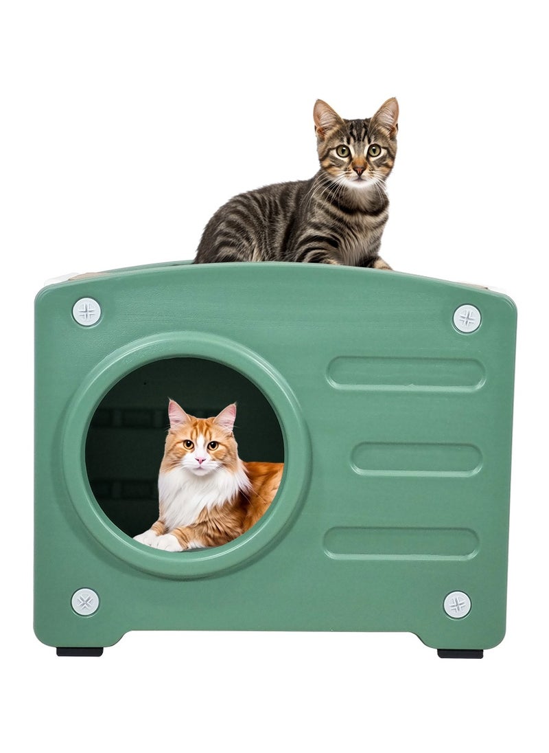 Plastic cat house with scratching board, Weatherproof cat house for indoor and outdoor, Cat hideaway pet house suitable for cats and small animals 56 cm (Green)