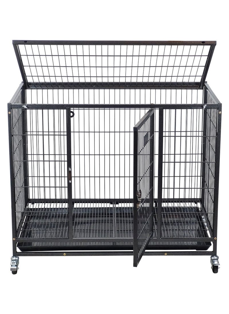 Dog crate cage with Open top cover, Stackable design, and Removable tray, Heavy-duty dog cage with Lockable wheels, Durable design and Idea for Medium to Large dogs, Easy to install 94 cm (Black)