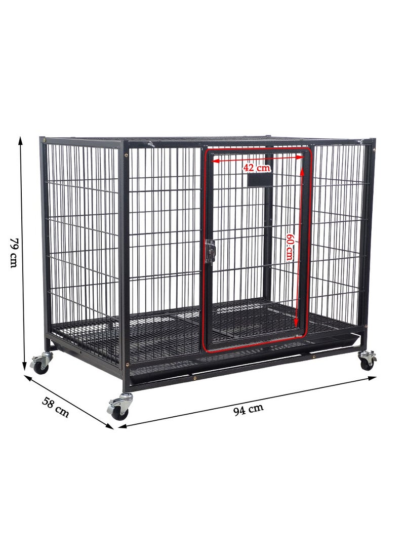 Dog crate cage with Open top cover, Stackable design, and Removable tray, Heavy-duty dog cage with Lockable wheels, Durable design and Idea for Medium to Large dogs, Easy to install 94 cm (Black)