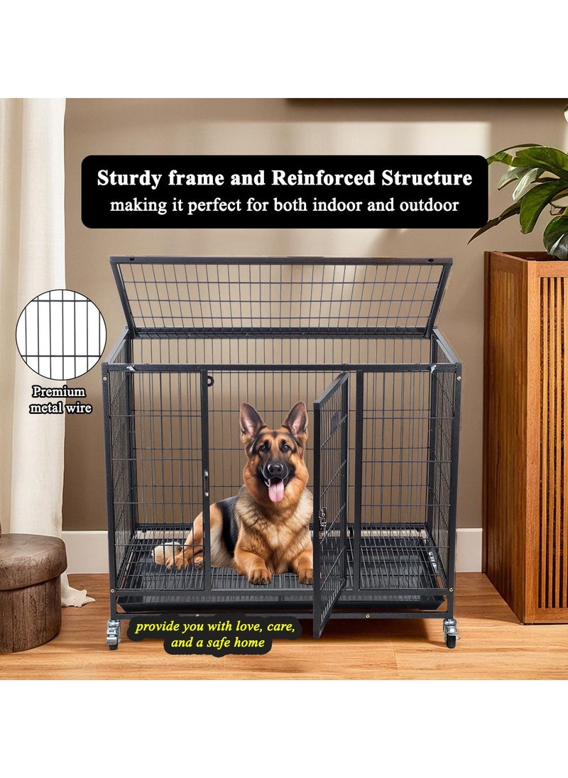 Dog crate cage with Open top cover, Stackable design, and Removable tray, Heavy-duty dog cage with Lockable wheels, Durable design and Idea for Medium to Large dogs, Easy to install 94 cm (Black)