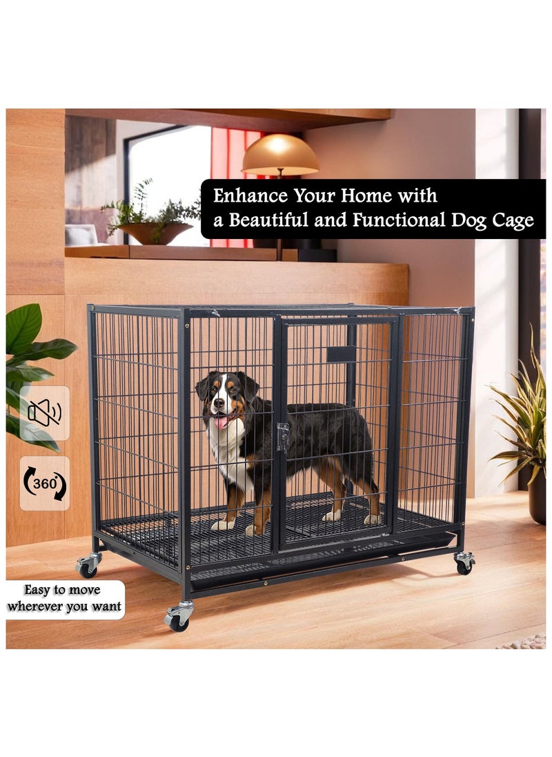 Dog crate cage with Open top cover, Stackable design, and Removable tray, Heavy-duty dog cage with Lockable wheels, Durable design and Idea for Medium to Large dogs, Easy to install 94 cm (Black)