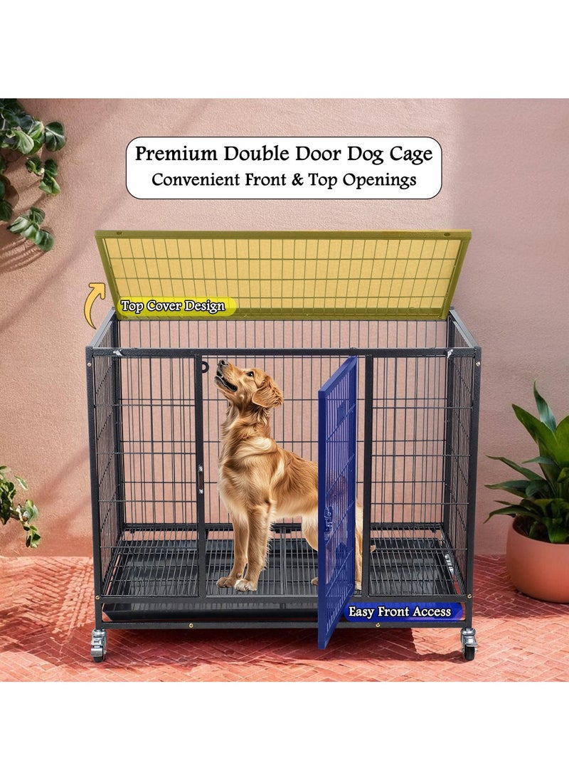 Dog crate cage with Open top cover, Stackable design, and Removable tray, Heavy-duty dog cage with Lockable wheels, Durable design and Idea for Medium to Large dogs, Easy to install 94 cm (Black)