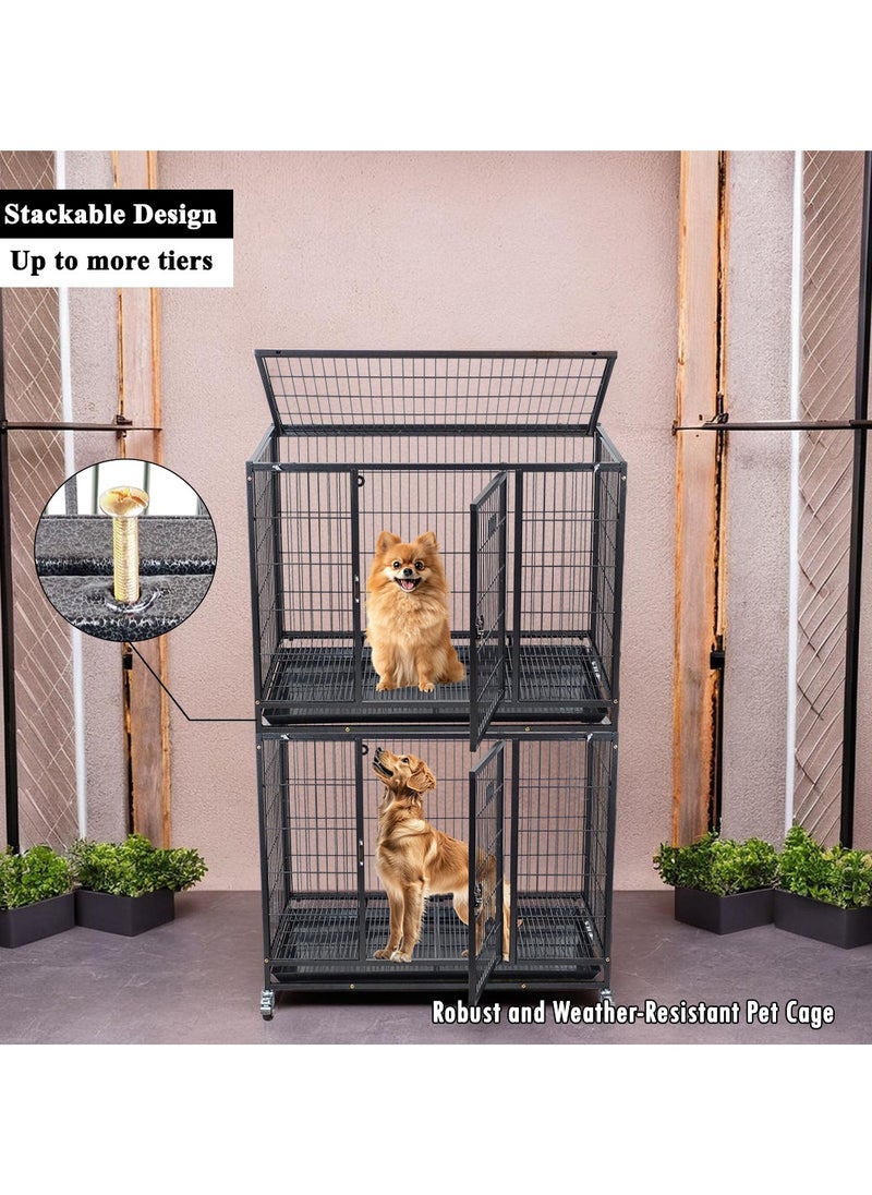 Dog crate cage with Open top cover, Stackable design, and Removable tray, Heavy-duty dog cage with Lockable wheels, Durable design and Idea for Medium to Large dogs, Easy to install 94 cm (Black)