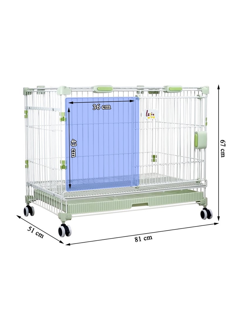 Dog cage with Double door design, Metal wire, Sturdy and Durable, Portable dog kennel with Pull-out tray, Secure lock, and Universal wheels, Dog playpen for small to medium dogs 81cm (Green)