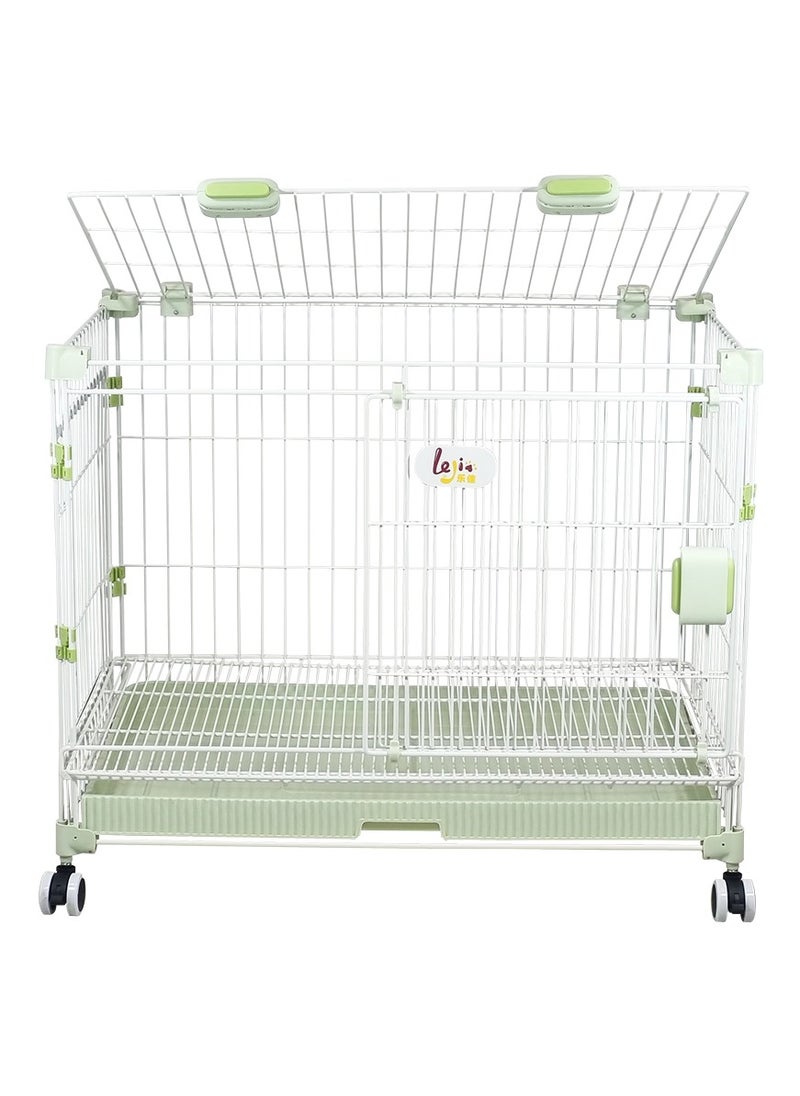 Dog cage with Double door design, Metal wire, Sturdy and Durable, Portable dog kennel with Pull-out tray, Secure lock, and Universal wheels, Dog playpen for small to medium dogs 81cm (Green)