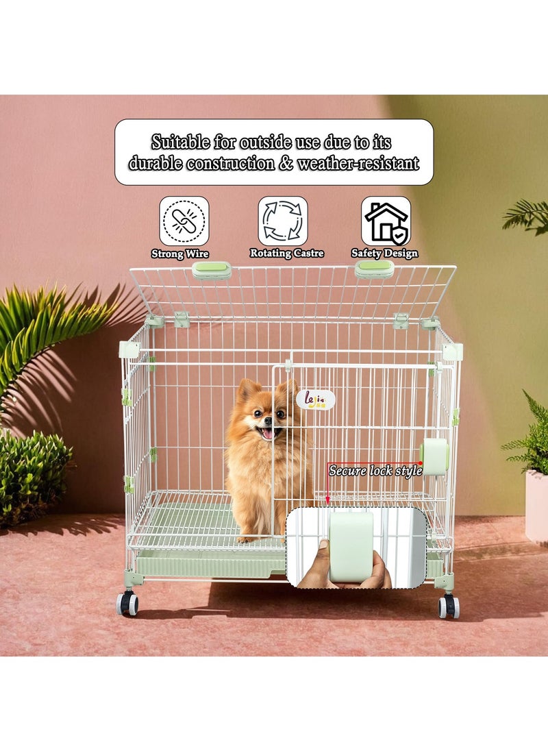 Dog cage with Double door design, Metal wire, Sturdy and Durable, Portable dog kennel with Pull-out tray, Secure lock, and Universal wheels, Dog playpen for small to medium dogs 81cm (Green)