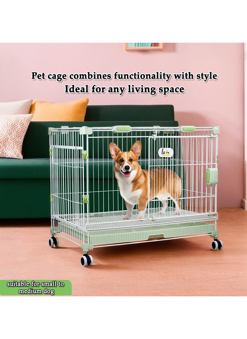 Dog cage with Double door design, Metal wire, Sturdy and Durable, Portable dog kennel with Pull-out tray, Secure lock, and Universal wheels, Dog playpen for small to medium dogs 81cm (Green)