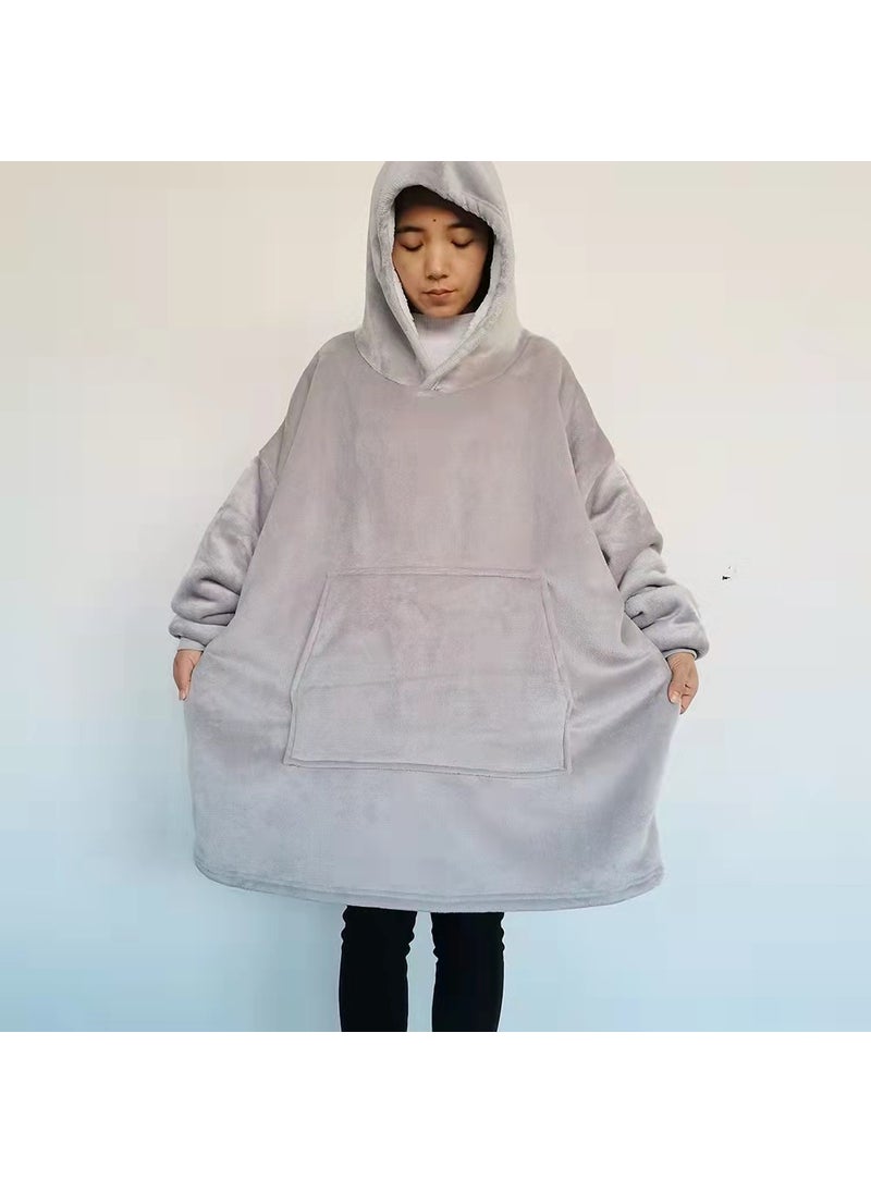 Flannel Fleece Hooded TV Blanket Robe Light gray