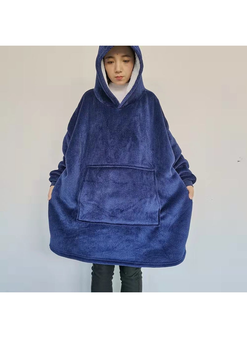 Flannel Fleece Hooded TV Blanket Robe Blue