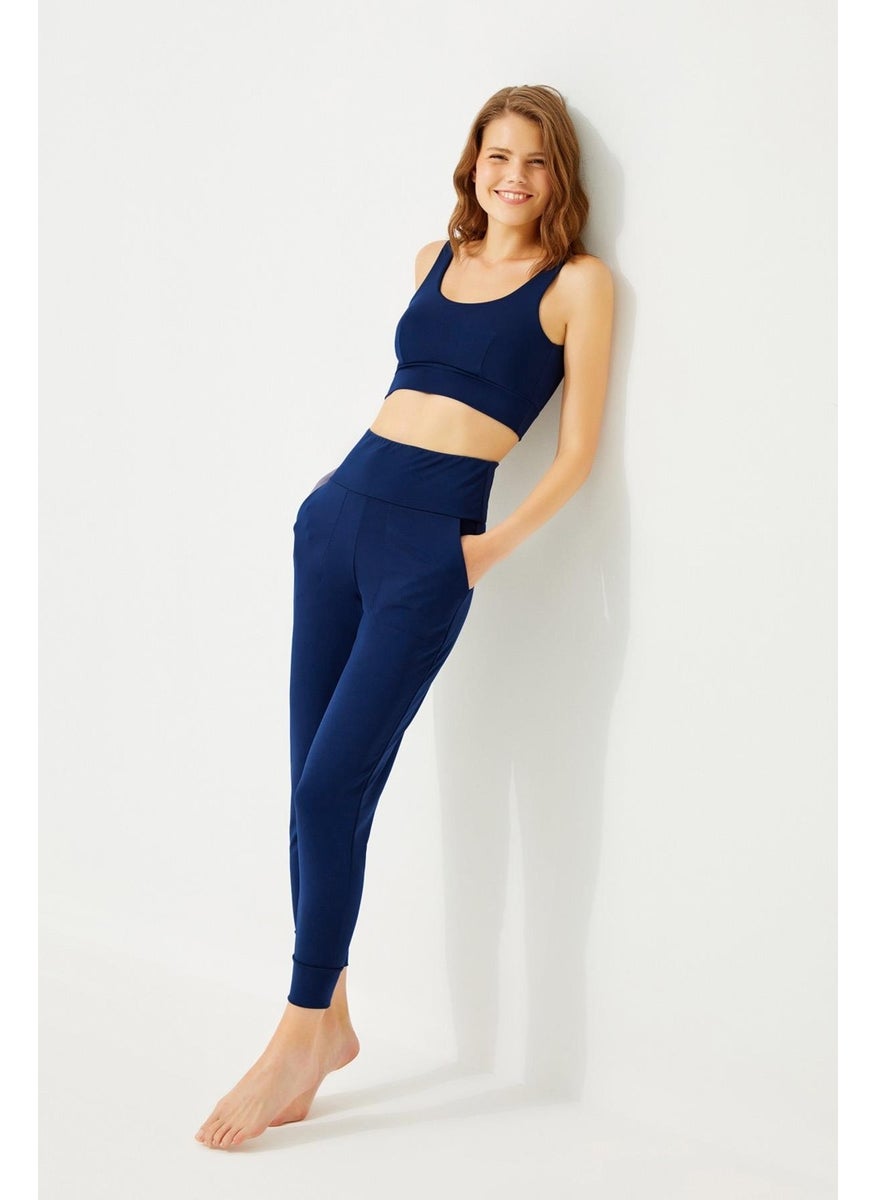 Navy Blue High Waist Double Pocket Women's Jogger Sweatpants