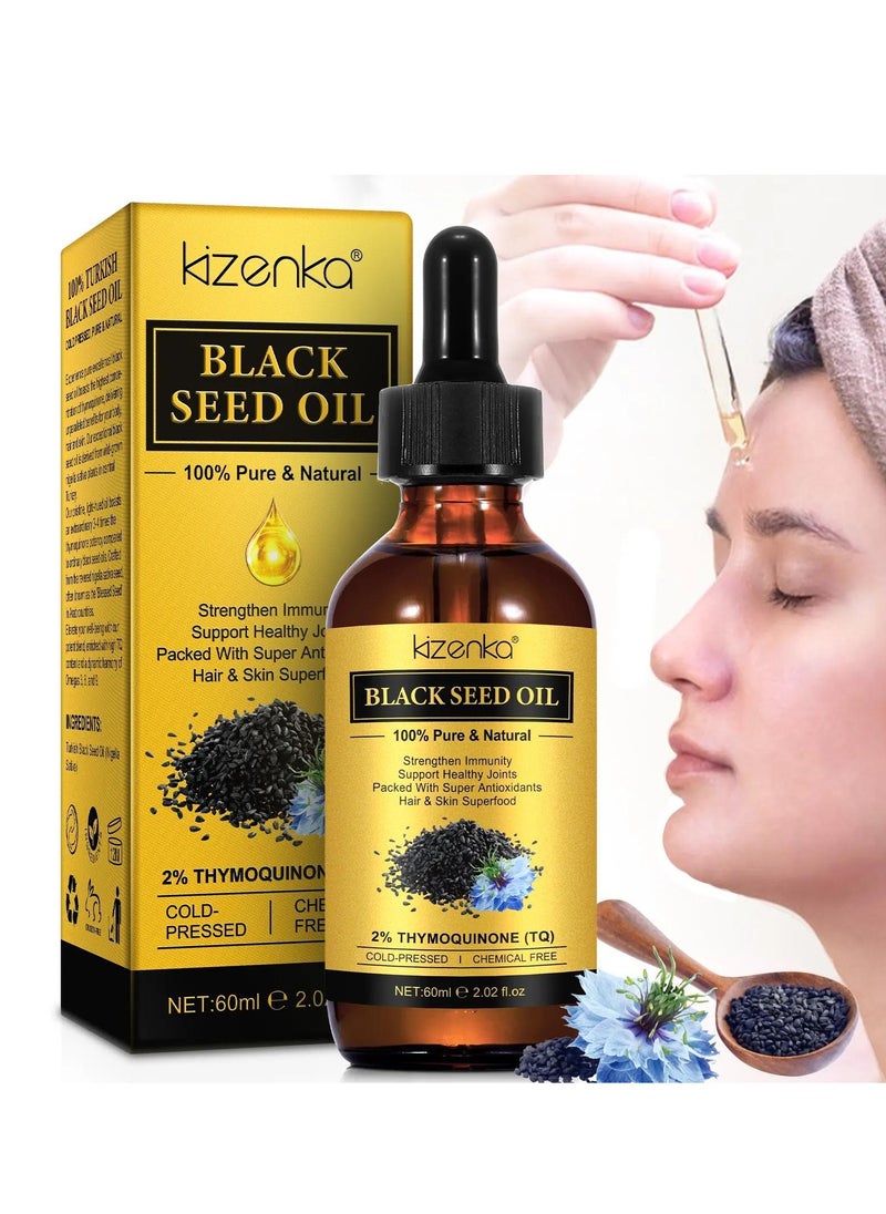 60ml Black Seed Oil Organic Cold Pressed 100% Pure Natural for Strengthen Immunity Support Joints Digestion Hair Growth Skin & Nail Healthy Moisturize Skin and Anti-Aging Massage Oil