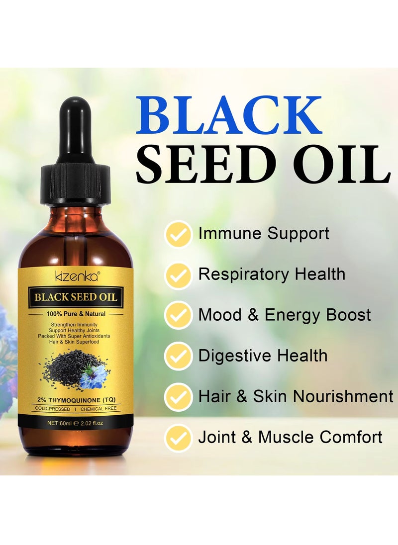 60ml Black Seed Oil Organic Cold Pressed 100% Pure Natural for Strengthen Immunity Support Joints Digestion Hair Growth Skin & Nail Healthy Moisturize Skin and Anti-Aging Massage Oil