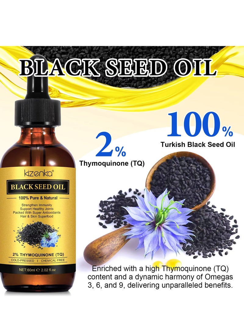 60ml Black Seed Oil Organic Cold Pressed 100% Pure Natural for Strengthen Immunity Support Joints Digestion Hair Growth Skin & Nail Healthy Moisturize Skin and Anti-Aging Massage Oil