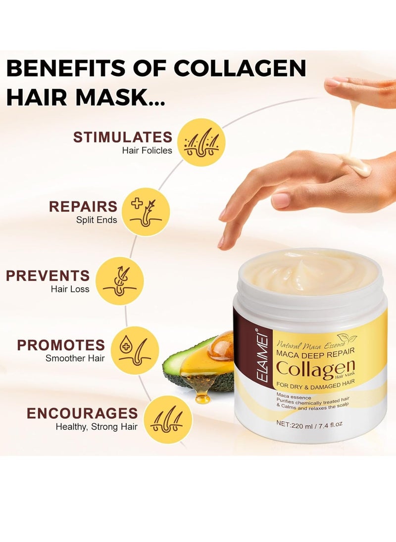 Maca Collagen Hair Mask 220ml Maca Deep Repair Collagen Hair Mask Maca Hair Treatment Mask for Dry & Damaged Hair Deep Conditioning Moisturizing Nourishing Hair Care Mask