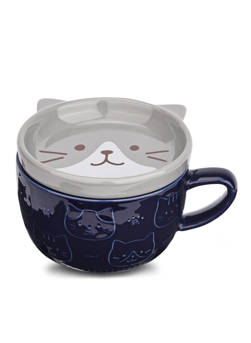 Cute Ceramic Cat Coffee Mug with Lid,Kawaii Coffee Mugs or Tea Cups for Cat Lovers,Funny Novelty Cat Breakfast Mugs for Women Wife Mum Girls Boys Friends Kids  Birthday Gift,300ML（Blue）