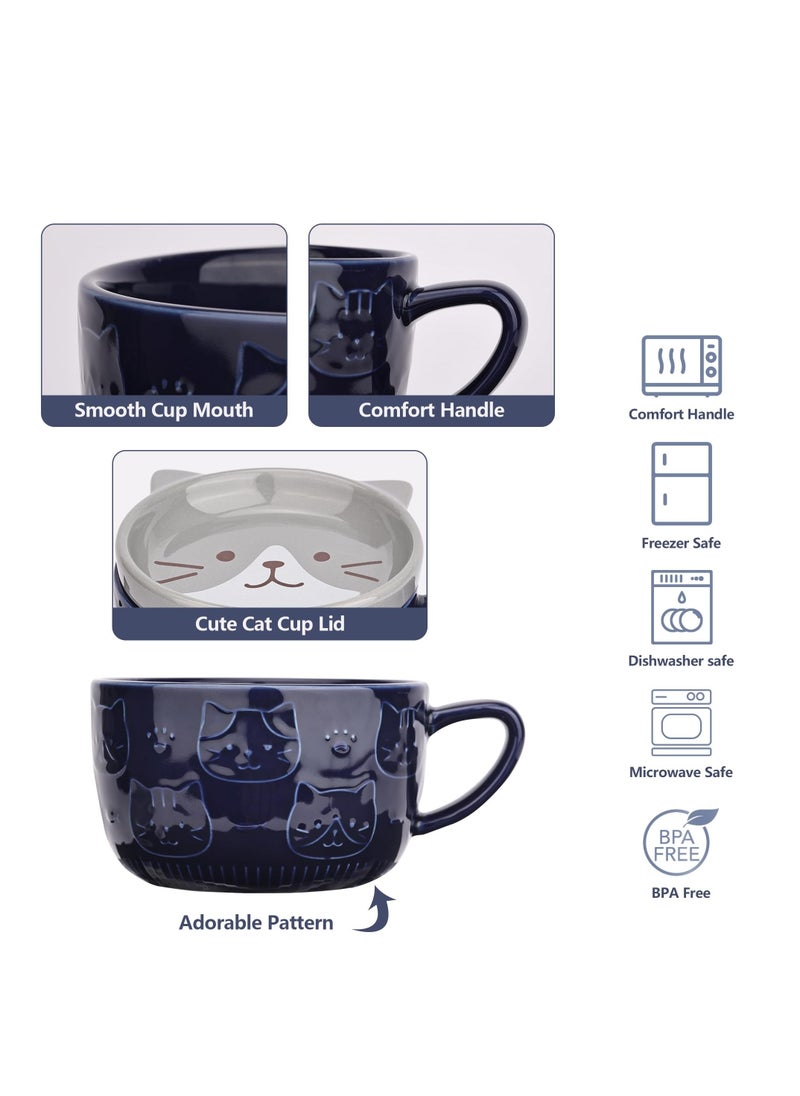 Cute Ceramic Cat Coffee Mug with Lid,Kawaii Coffee Mugs or Tea Cups for Cat Lovers,Funny Novelty Cat Breakfast Mugs for Women Wife Mum Girls Boys Friends Kids  Birthday Gift,300ML（Blue）