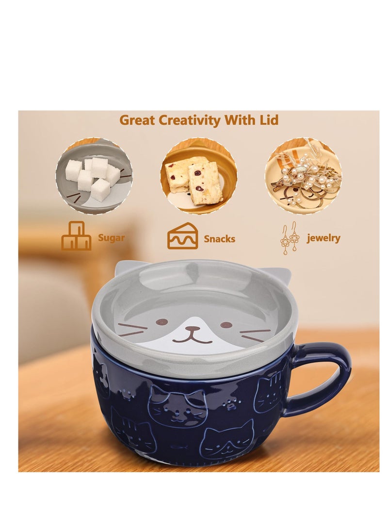 Cute Ceramic Cat Coffee Mug with Lid,Kawaii Coffee Mugs or Tea Cups for Cat Lovers,Funny Novelty Cat Breakfast Mugs for Women Wife Mum Girls Boys Friends Kids  Birthday Gift,300ML（Blue）