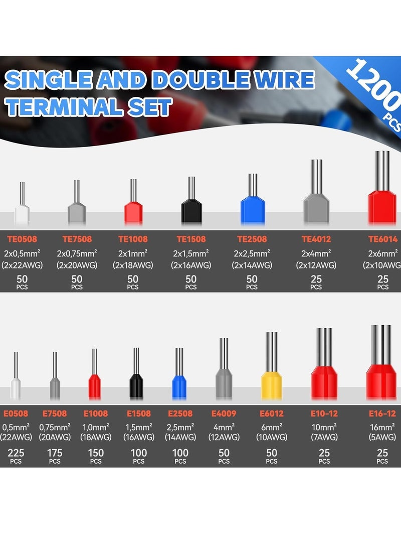 1200pcs Wire Ferrules Terminals Kit, 900 Single Terminal Connector and 300 Double Wire Terminals Insulated & Non-insulated Wire Ferrules Connectors for Electric, Industrial etc.