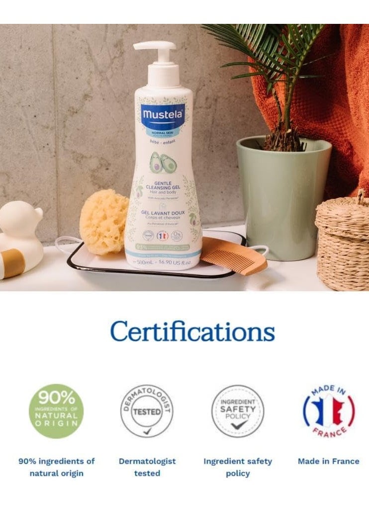 Mustela Baby Gentle Cleansing Gel - Baby Hair & Body Wash - with Natural Avocado fortified with Vitamin B5 - Biodegradable Formula & Tear-Free - 500ml