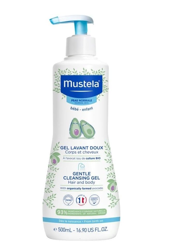 Mustela Baby Gentle Cleansing Gel - Baby Hair & Body Wash - with Natural Avocado fortified with Vitamin B5 - Biodegradable Formula & Tear-Free - 500ml