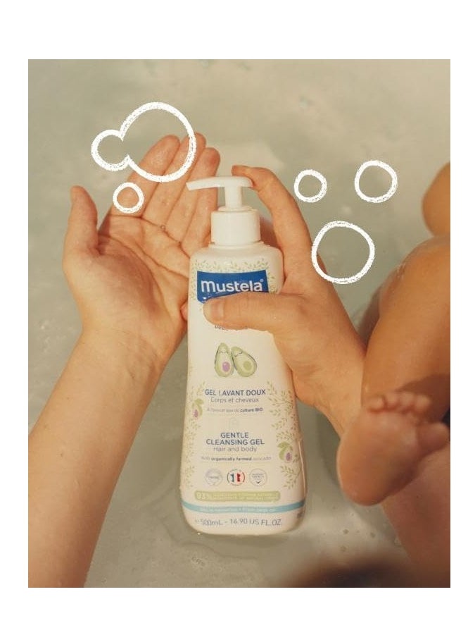 Mustela Baby Gentle Cleansing Gel - Baby Hair & Body Wash - with Natural Avocado fortified with Vitamin B5 - Biodegradable Formula & Tear-Free - 500ml