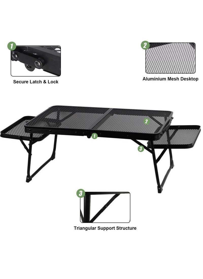 Outdoor Folding Table Camping Barbecue Table Portable Multifunctional Camping Table With 2 Side Panels Folding Picnic Table Sturdy Metal Mesh Tabletop Easy To Carry Waterproof And Heat-Resistant Black