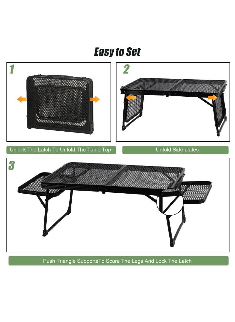 Outdoor Folding Table Camping Barbecue Table Portable Multifunctional Camping Table With 2 Side Panels Folding Picnic Table Sturdy Metal Mesh Tabletop Easy To Carry Waterproof And Heat-Resistant Black