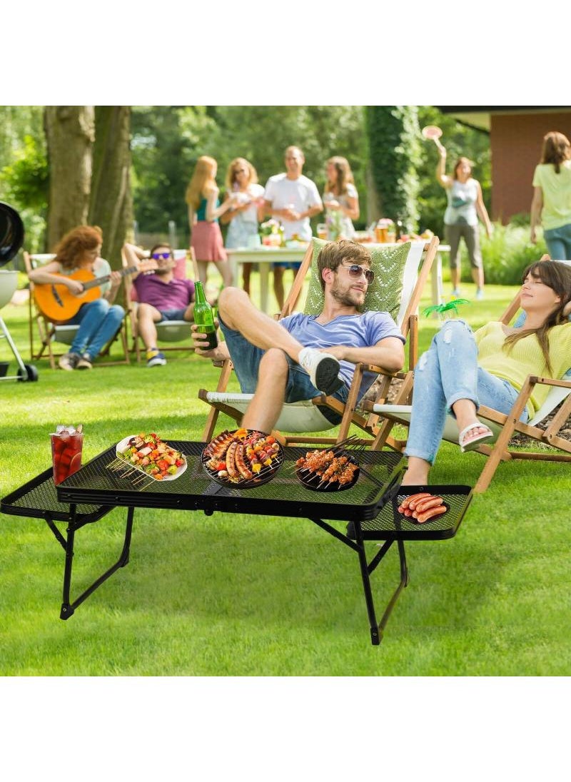 Outdoor Folding Table Camping Barbecue Table Portable Multifunctional Camping Table With 2 Side Panels Folding Picnic Table Sturdy Metal Mesh Tabletop Easy To Carry Waterproof And Heat-Resistant Black